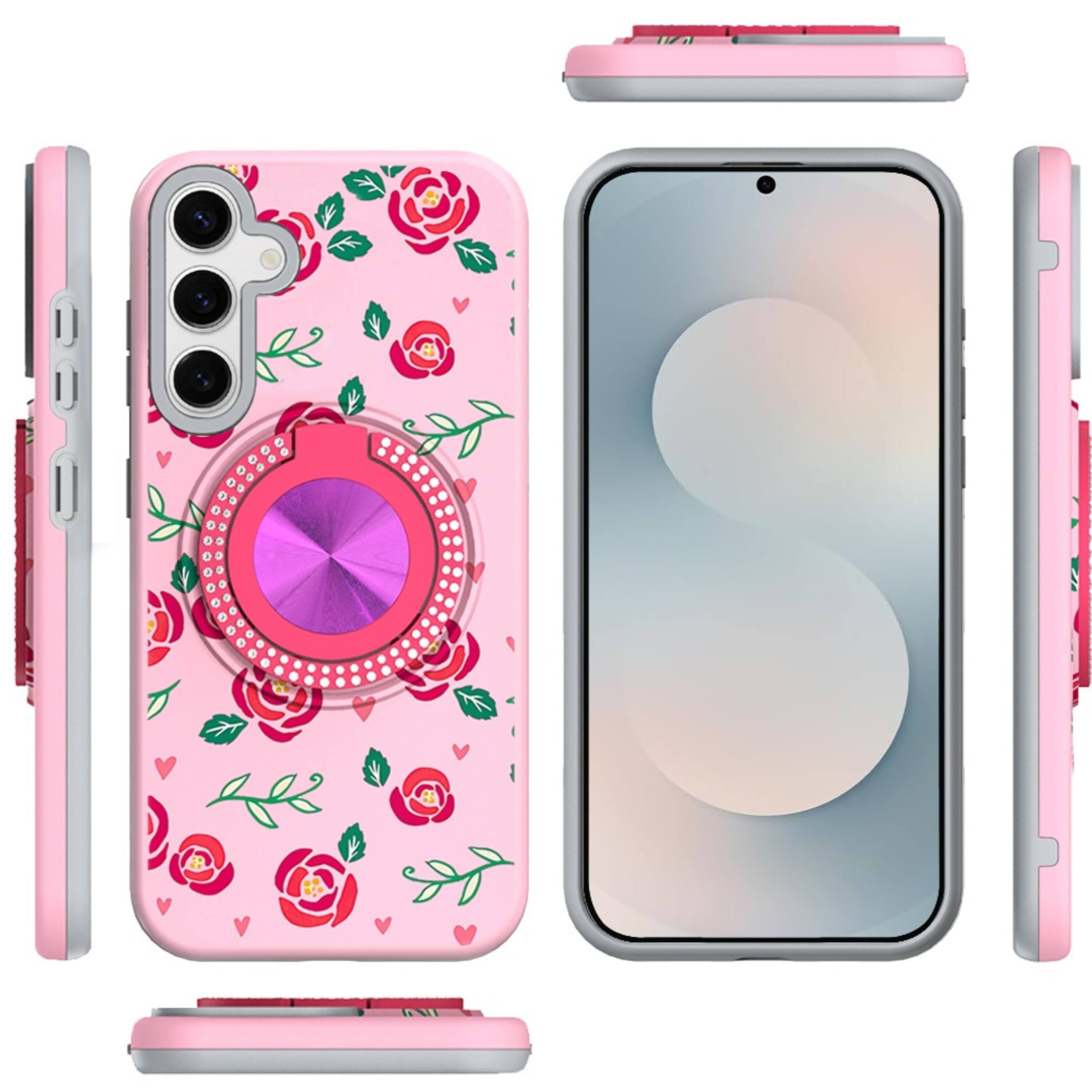 Angle. Kitcheniva - 360 Rotating Stand Case With Tempered Glass For Samsung S25 FE Pink Rose - Pink Rose.