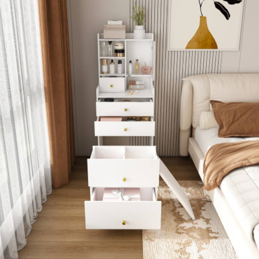 Left. LUCKY ONE - 3-in-1 Dressing Table with LED Mirror, 4 Drawers, Storage Cabinet, Open Bookshelf and Hidden Stool - White.