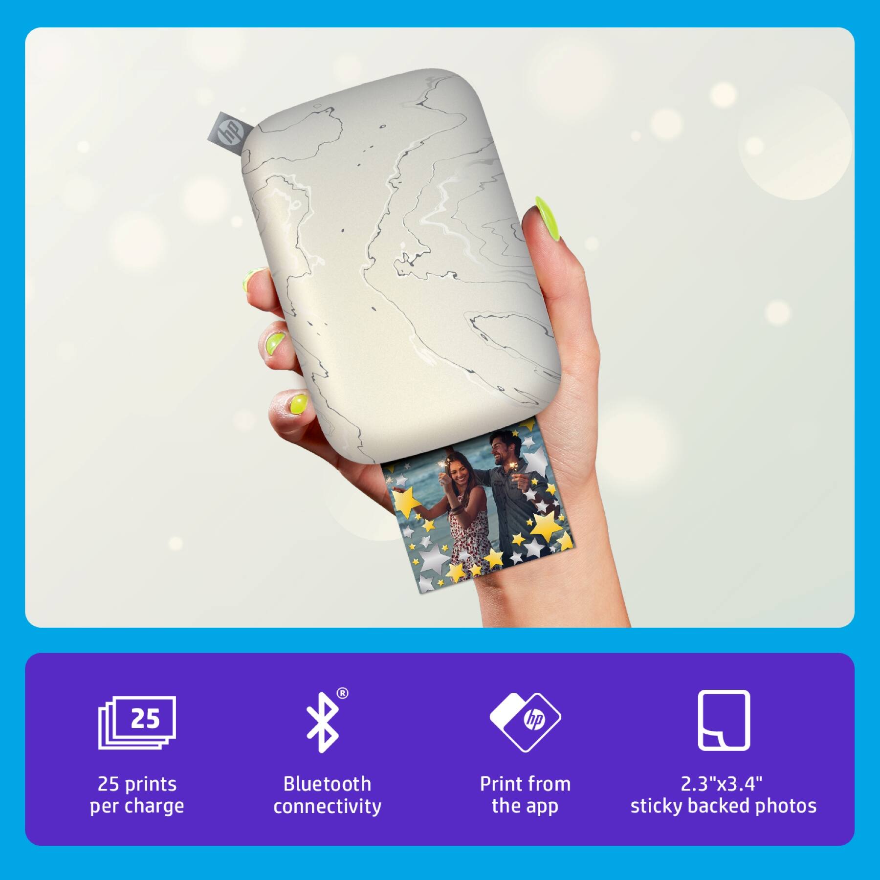 - 25 prints per charge
- Bluetooth connectivity
- Print from the app
- 2.3"x3.4" sticky backed photos