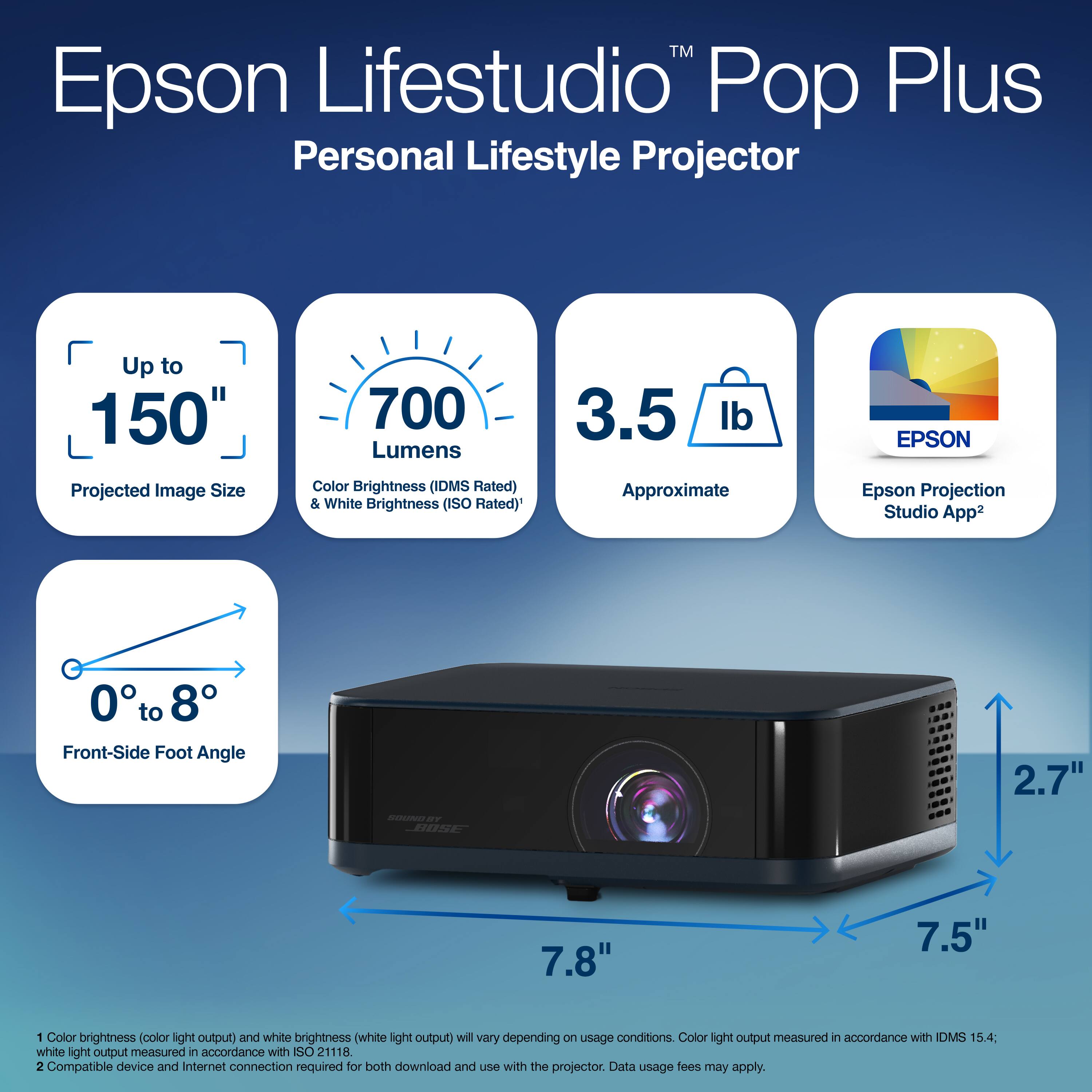Epson Lifestudio Pop Plus  
Personal Lifestyle Projector  

- Up to 150" Projected Image Size  
- 700 Lumens Color Brightness (IDMS Rated) & White Brightness (ISO Rated)  
- 3.5 lb Approximate  
- 0° to 8° Front-Side Foot Angle  
- Epson Projection Studio App²  

Dimensions:  
- 7.8" (width)  
- 7.5" (depth)  
- 2.7" (height)  

1. Color brightness (color light output) and white brightness (white light output) will vary depending on usage conditions. Color light output measured in accordance with IDMS 15.4; white light output measured in accordance with ISO 21118.  
2. Compatible device and Internet connection required for both download and use with the projector. Data usage fees may apply.