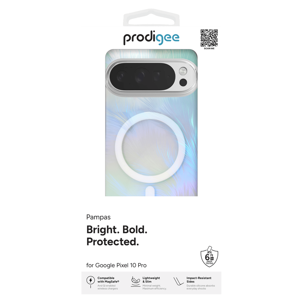 prodigee  
SCAN ME  
Pampas  
Bright. Bold. Protected.  
for Google Pixel 10 Pro  
ft 6 DROP TESTED  
Compatible with MagSafe And Q enabled wireless chargers  
Lightweight & Slim Minimal weight. Maximum efficiency.  
Impact-Resistant Sides Durable silicone absorbs everyday shocks