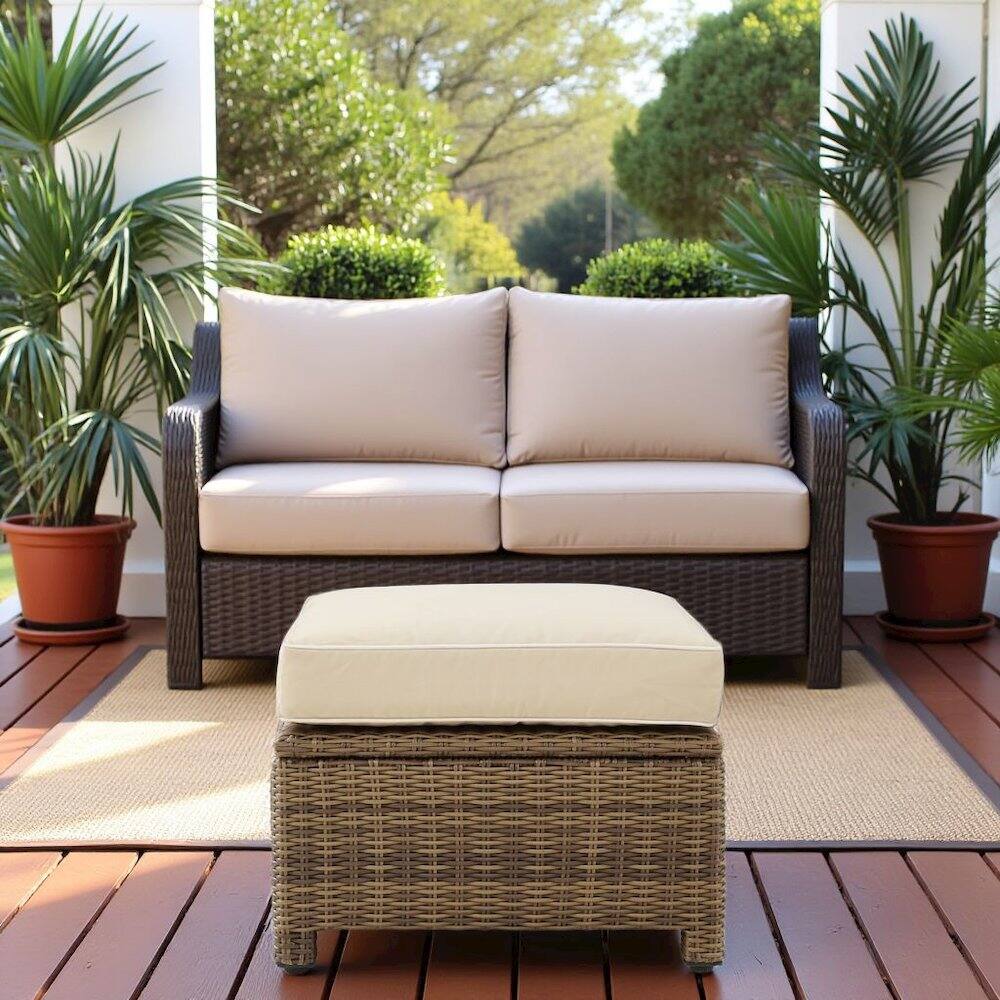 Alt View 2. Outdoor Escape - Brown Wicker Outdoor Ottoman with Sand Cushion – Foot Rest for Patio Lounging - Sand.