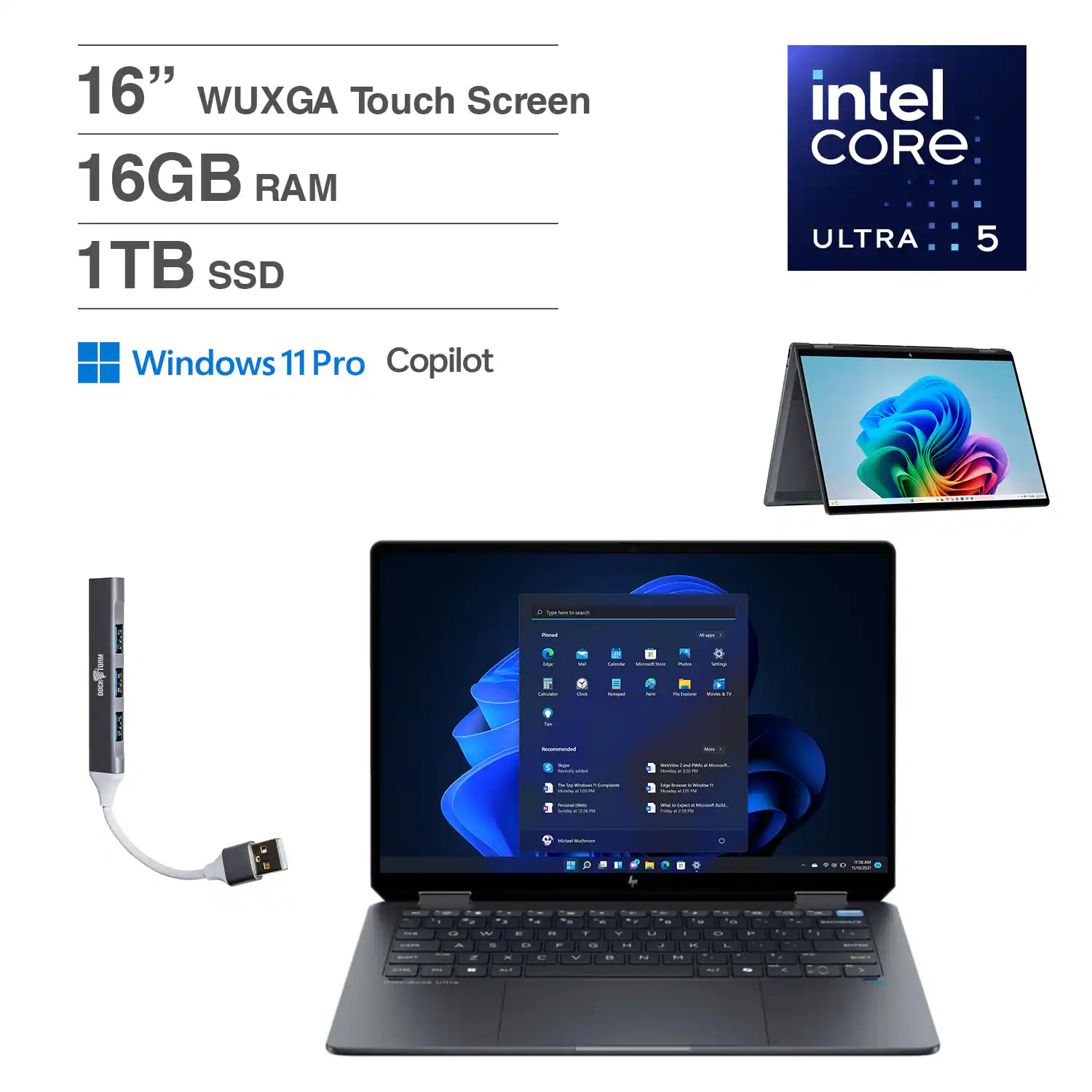 HP - OmniBook X Flip 2-in-1 Laptop 16.0 WUXGA (Intel Ultra 5-226v, 16GB LPDDR5X, 1TB PCIe SSD, Win 11 Pro) w/USB Hub - Eclipse Gray