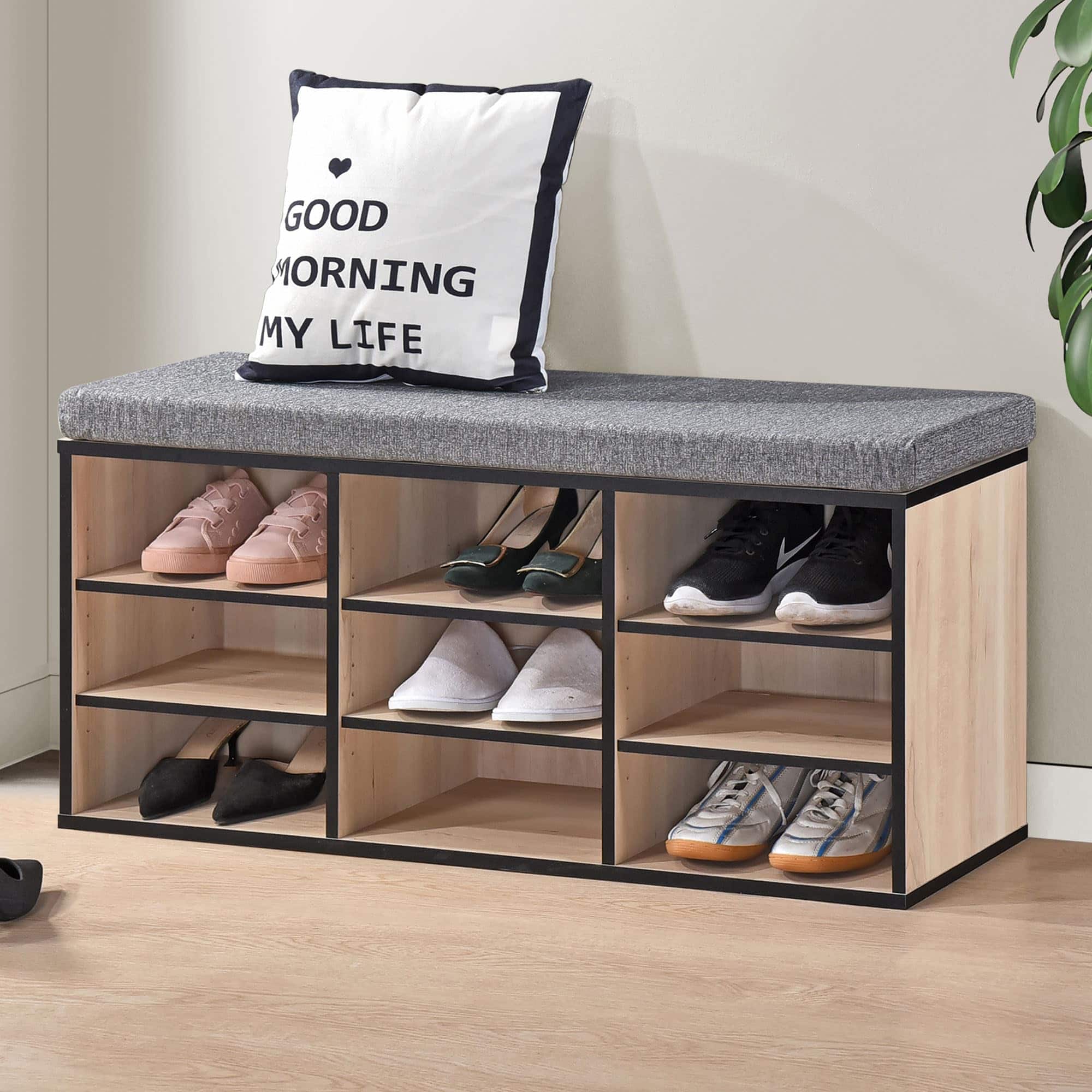 Kings Brand Furniture - Shoe Storage Bench with Cushion, 9 Cubbies Shoe Organizer, Cubby Shoe Rack with Adjustable Shelves - Brown