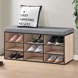 Kings Brand Furniture - Shoe Storage Bench with Cushion, 9 Cubbies Shoe Organizer, Cubby Shoe Rack with Adjustable Shelves - Brown