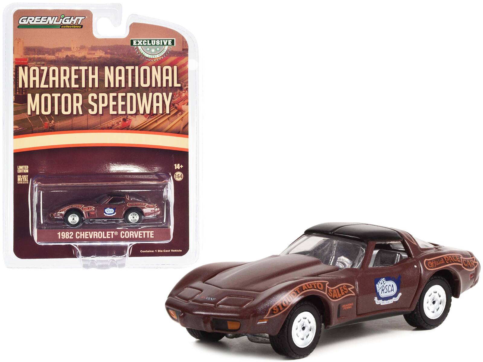 GREENLIGHT collectibles

EXCLUSIVE

NAZARETH NATIONAL MOTOR SPEEDWAY

LIMITED EDITION

14+ 1:64

1982 CHEVROLET® CORVETTE

Contains 1 Die-Cast Vehicle

Official PACE CAR

STOUDT AUTO SALES

RSCA

READING