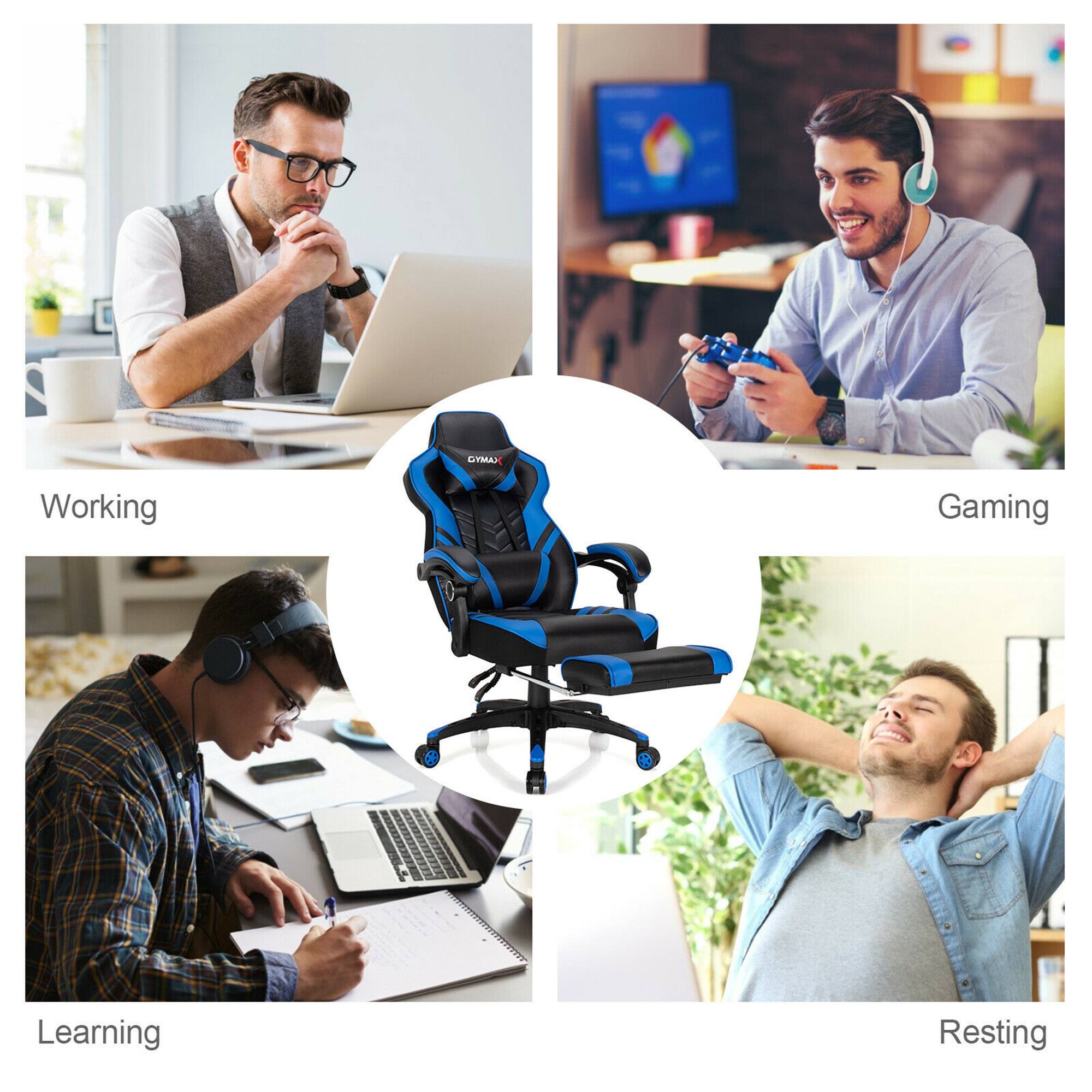The image shows four different men engaged in various activities. The first man is working on a laptop, while the second man is playing a video game. The third man is learning, and the fourth man is resting. The image also features a blue office chair, which is placed in the center of the scene.