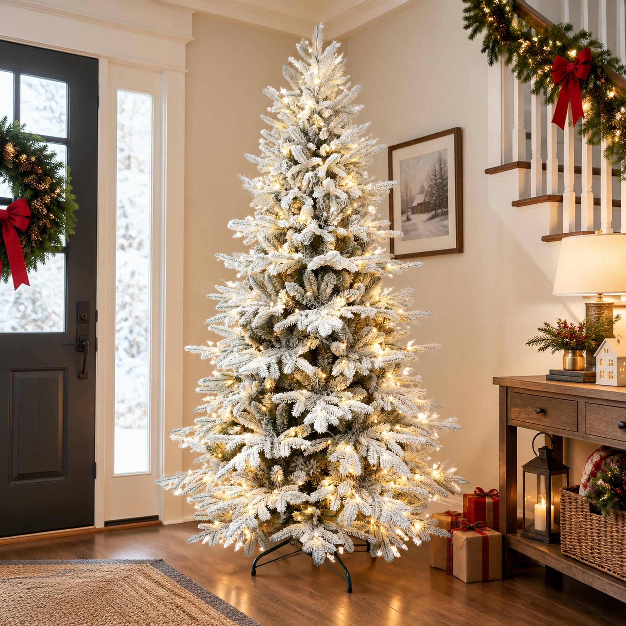 Alt View 1. RYHNUYNE - 7FT Pre-Lit Flocked Christmas Tree With 400 Two-Color LED Lights and 2086 Tips, 9 Modes and Metal Stand - Green,White.