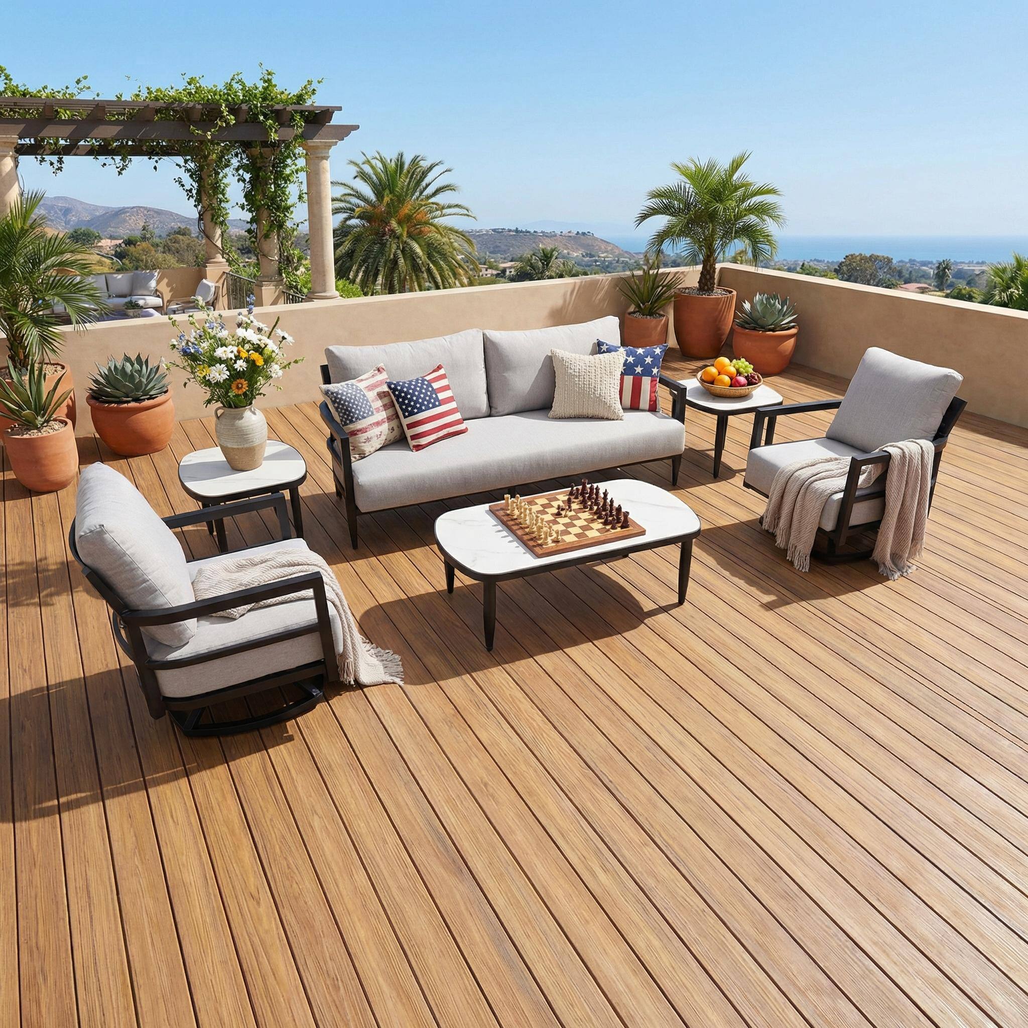 Angle. Mondawe - 6-Piece Outdoor Conversation Set with Swivel Chair, Bench Sofa, Marble-Inspired Tables and Sunbrella Cushions - Ember Black+Grey.