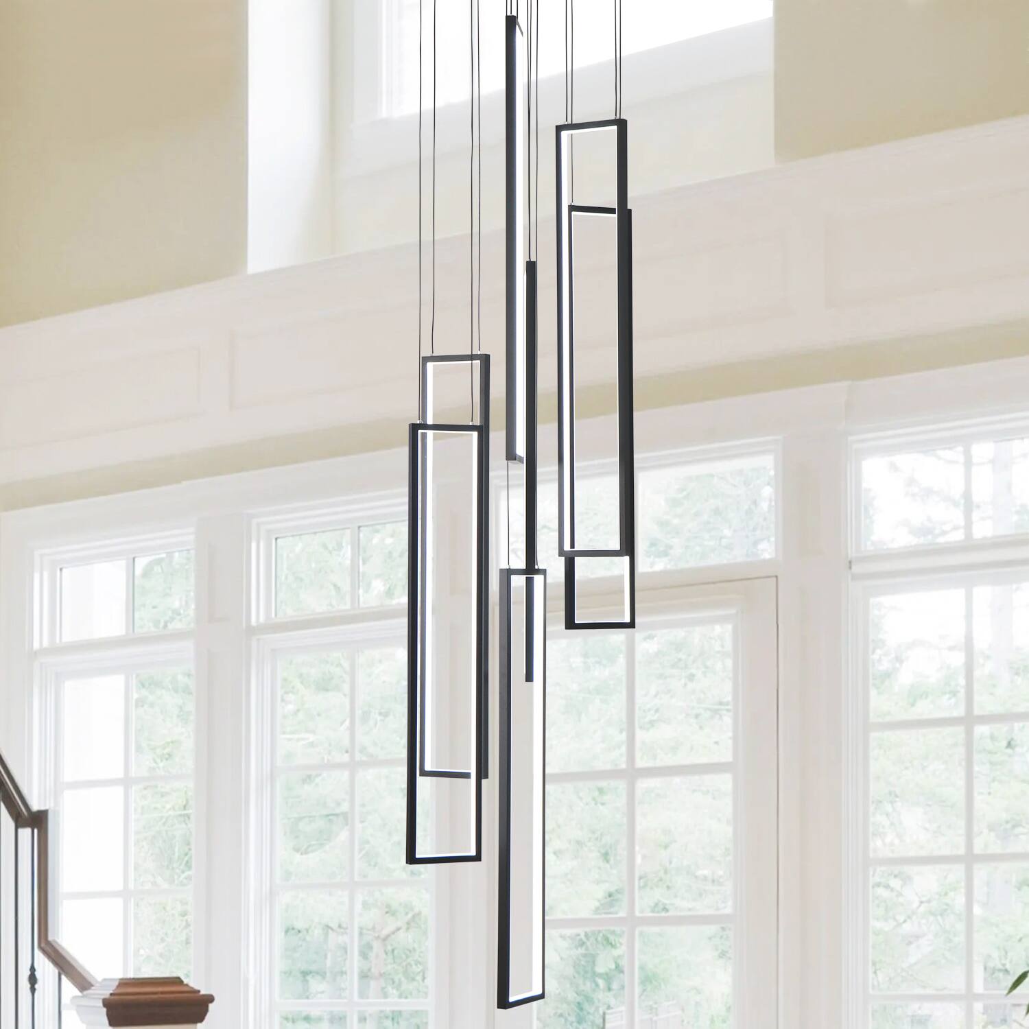 Back. Umeiluce - 7-Light Modern Chandelier High Ceiling Hallway Stairs Long Hanging Pendant Lighting - Matte Black.