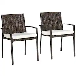 Outsunny - 2 Piece PE Rattan Outdoor Dining Chairs with Cushion, Patio Wicker Dining Chair Set with Backrest, Armrests for Patio - Cream White