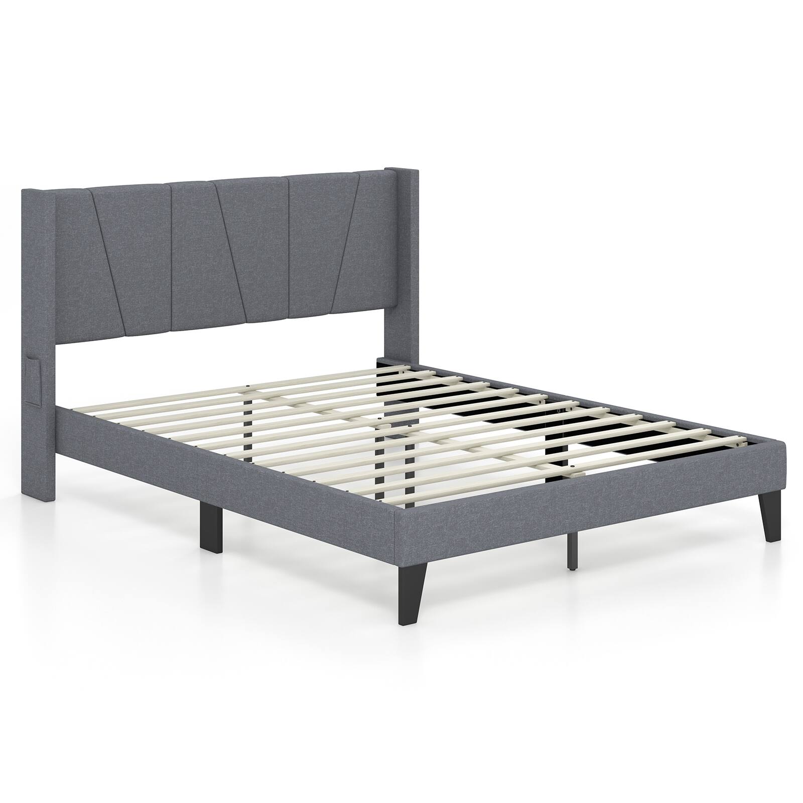 Front. Sugift - Full Size Bed Frame with Wingback Headboard and Wood Slat Support-Full Size - Grey.