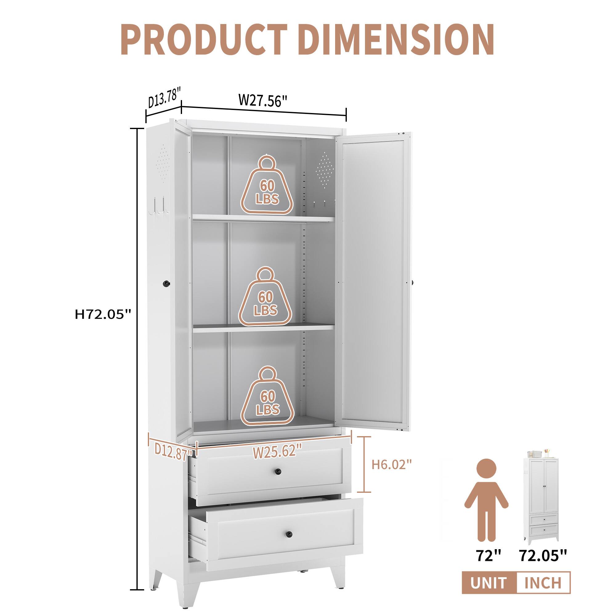 PRODUCT DIMENSION

D13.78" W27.56" H72.05"  
D12.87" W25.62" H6.02"  

60 LBS  
60 LBS  
60 LBS  

UNIT INCH