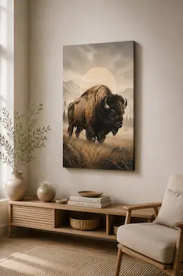 FC Design - Large Mountain Bison Spirit Canvas Print 24x36"-Ready-to-Hang Rustic Prairie Accent Art Painting Home Wall Décor - MultiColor