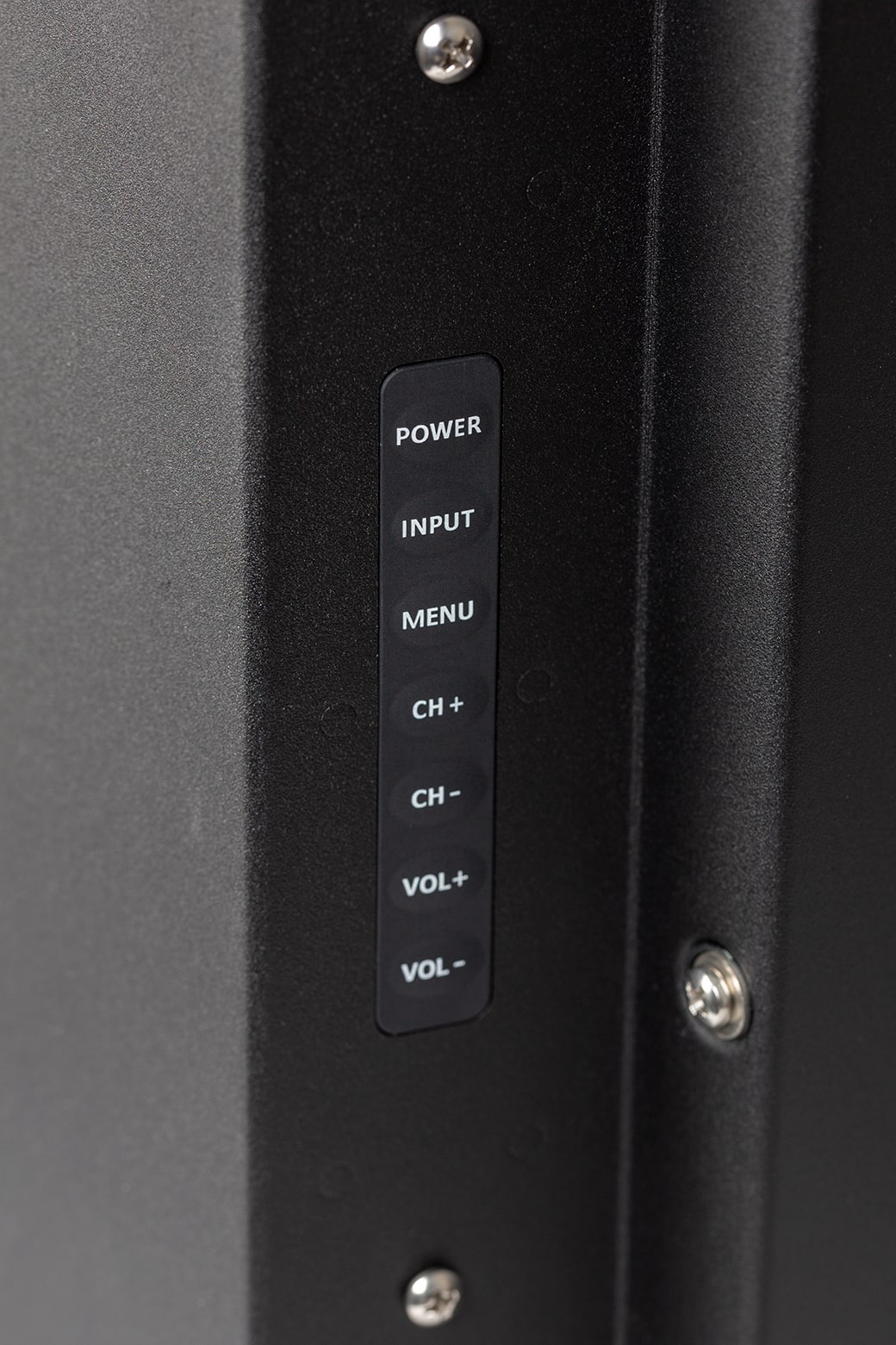 The text on the image reads: "Power Input Menu CH+ CH- Vol+ Vol-".