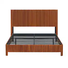 GOODSILO - Queen Size Curved Wood Accent Platform Bed Frame with Rustic Corrugated Design and Heavy Duty Metal Support - Walnut
