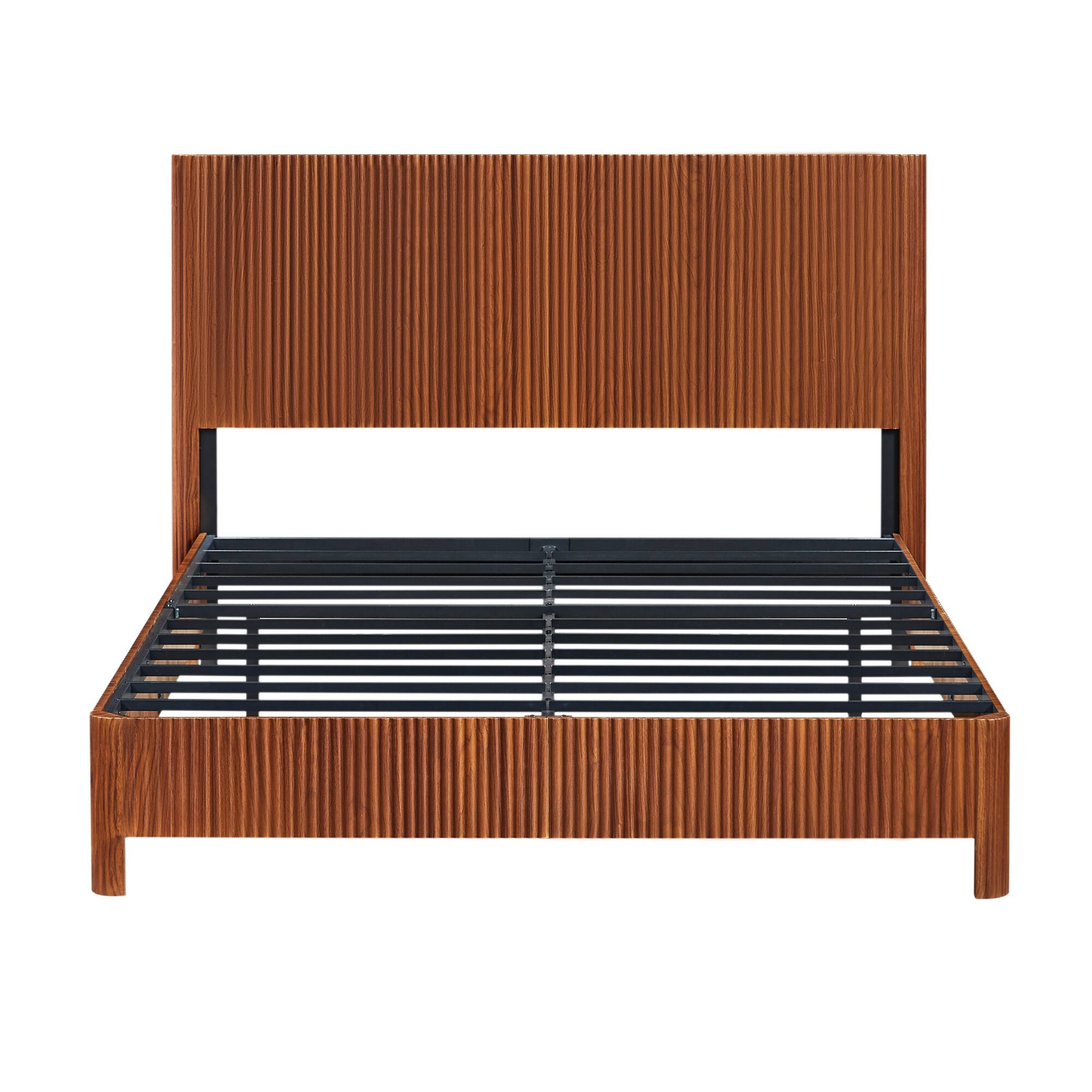 Front. GOODSILO - Queen Size Curved Wood Accent Platform Bed Frame with Rustic Corrugated Design and Heavy Duty Metal Support - Walnut.