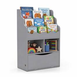 Costway - Kids Bookcase with 3-Tier Sling Bookshelf Open Cubes Flip Down Cabinet for Playroom - Gray