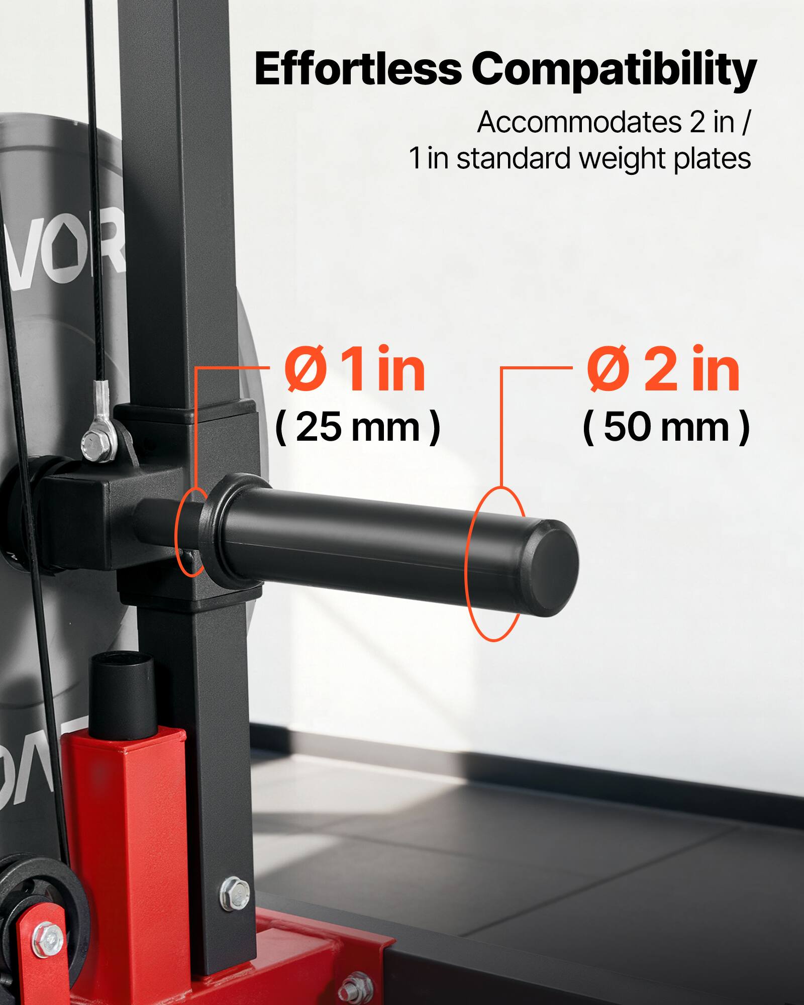 Effortless Compatibility  
Accommodates 2 in / 1 in standard weight plates  

Ø 1 in (25 mm)  
Ø 2 in (50 mm)