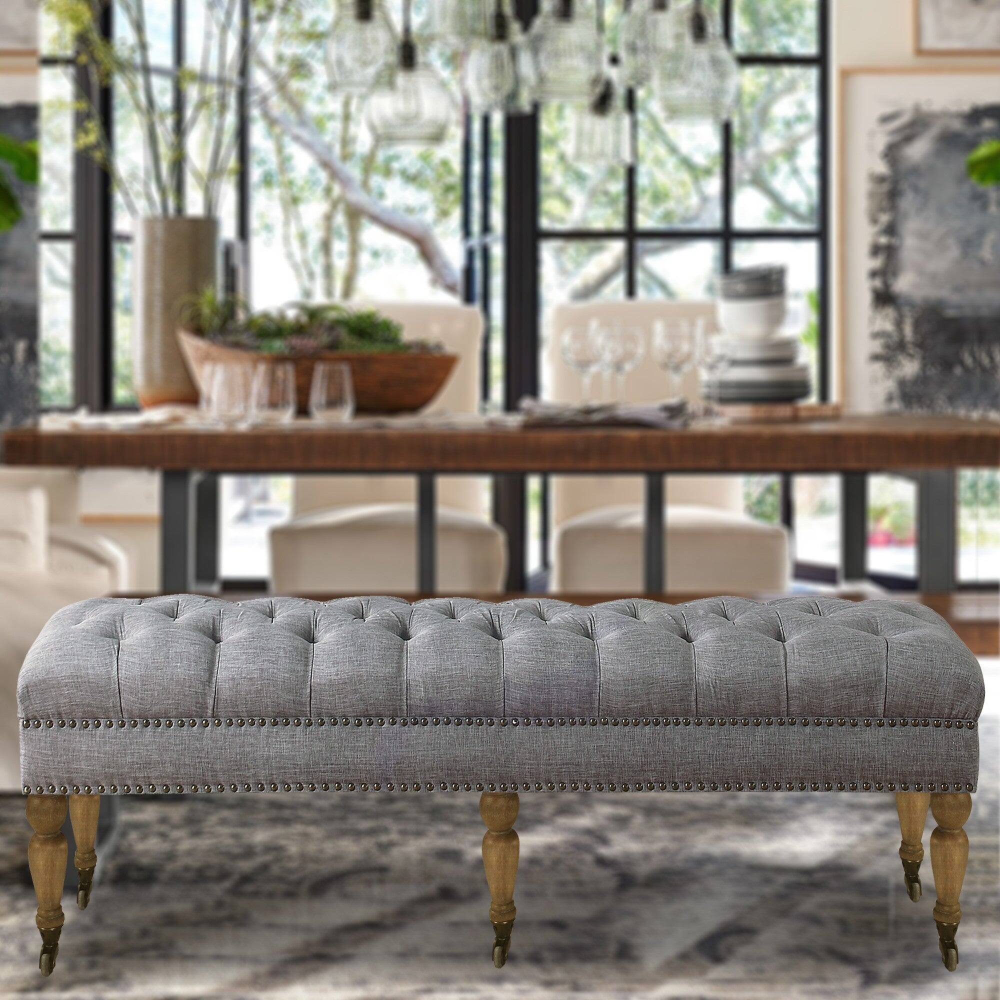 Alt View 4. Boyel Living - Large Tufted Linen Bench with Nailhead Trim and Solid Wood Legs - Light Gray.