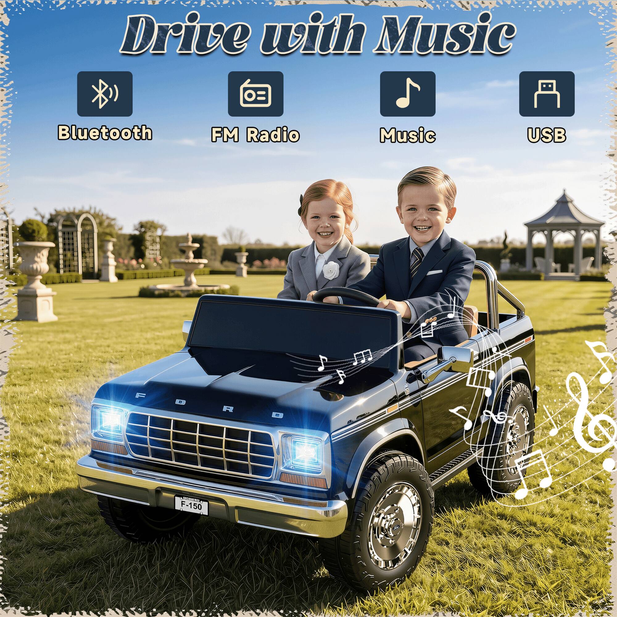 Drive with Music

Bluetooth  
FM Radio  
Music  
USB  

FORD  
F-150