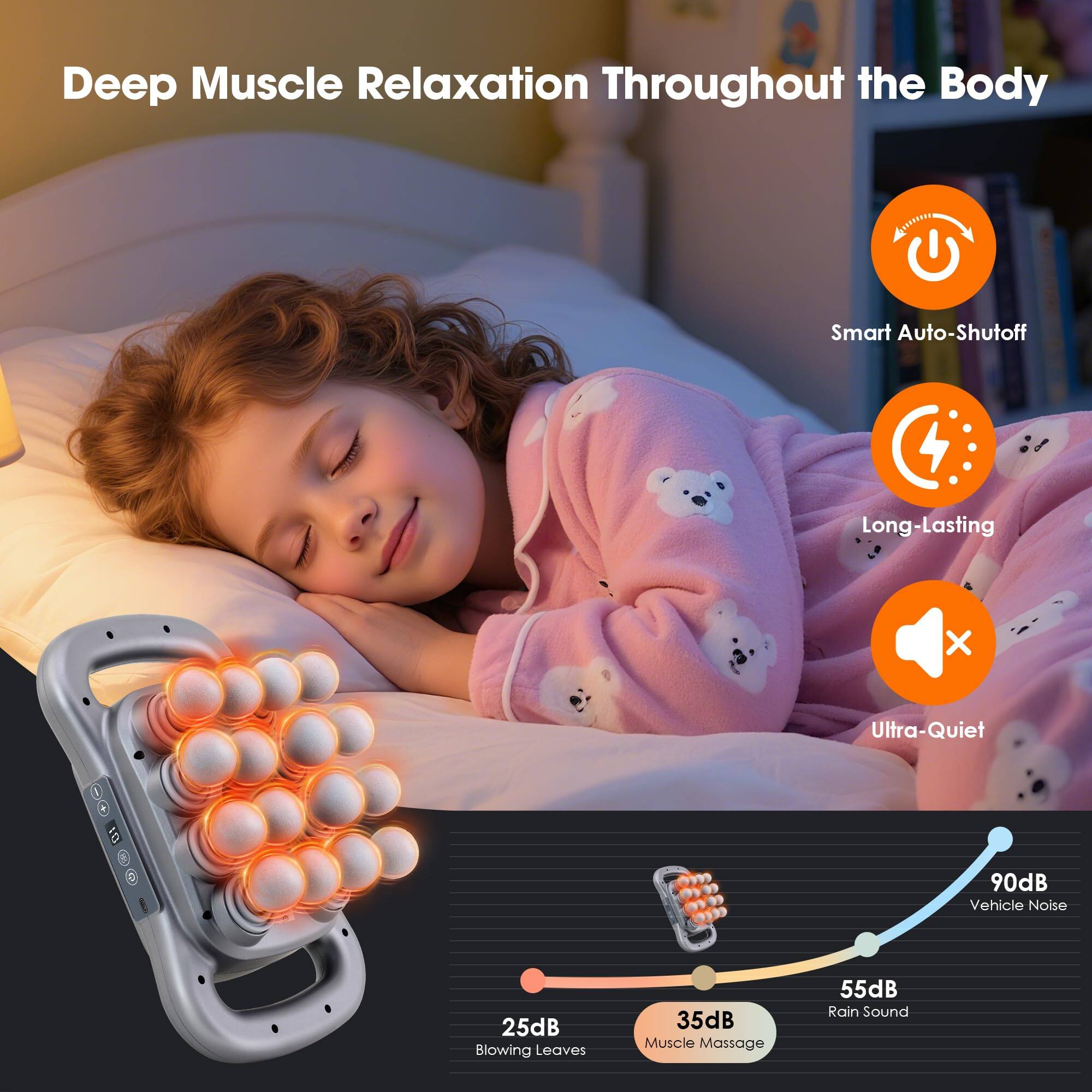 Deep Muscle Relaxation Throughout the Body

- Smart Auto-Shutoff
- Long-Lasting
- Ultra-Quiet

25dB Blowing Leaves
35dB Muscle Massage
55dB Rain Sound
90dB Vehicle Noise