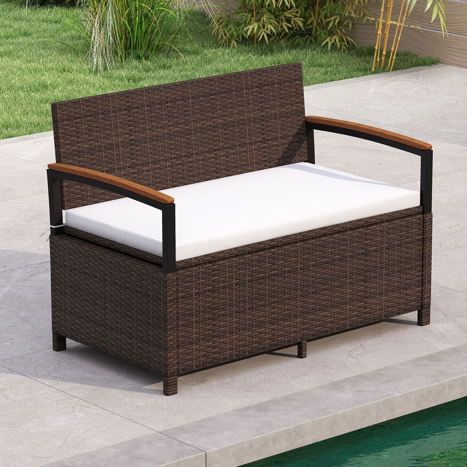Gymax - Outdoor Storage Bench w/Cushion Backrest & Acacia Wood Armrests Hidden Storage - White