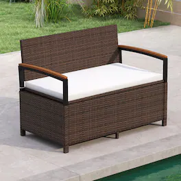 Gymax - Outdoor Storage Bench w/Cushion Backrest & Acacia Wood Armrests Hidden Storage - White