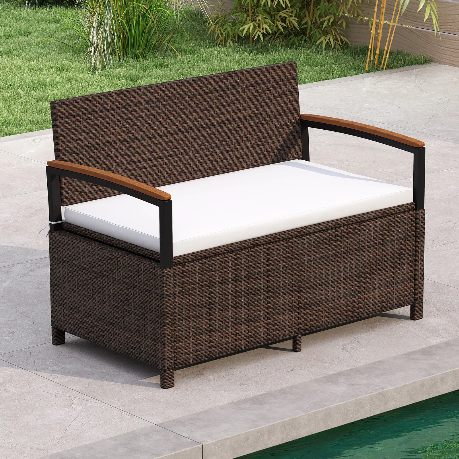 Front. Gymax - Gymax Outdoor Storage Bench w/Cushion Backrest & Acacia Wood Armrests Hidden Storage - White.