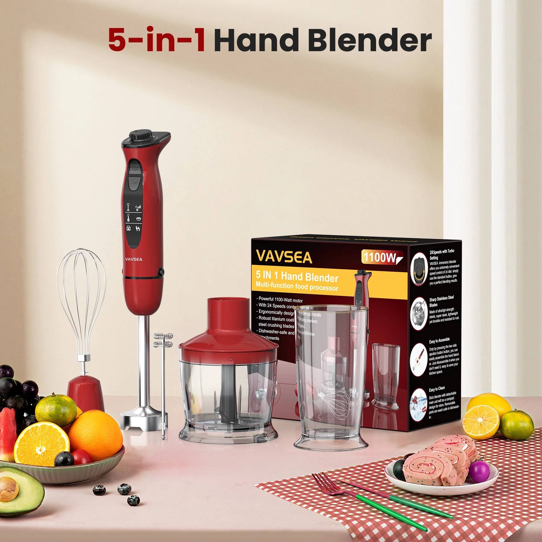 5-in-1 Hand Blender

VAVSEA 5 IN 1 Hand Blender Multi-function food processor Powerfl 1100W - 24 Speeds

Ergonomically designed and Robust Stainless Steel

- Powerful 1100W motor
- Ergonomic design
- Robust stainless steel construction
- Dishwasher safe

1 Hand Blender
1 Multi-function food processor
1100W motor
24 Speeds with Turbo
Stainless steel blades
Stainless steel whisk
Stainless steel chopper
Stainless steel grinder
Stainless steel milk frother
Easy to assemble
Easy to clean
Compact and portable