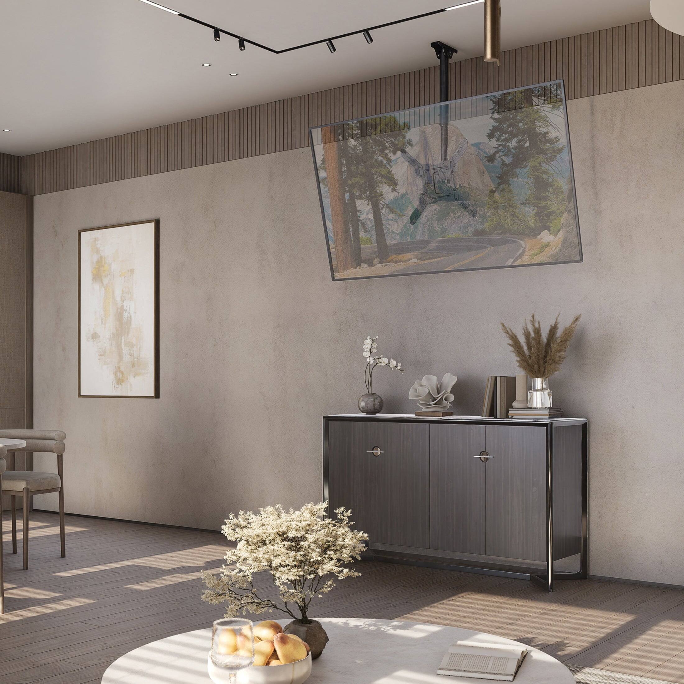 Back. Mount-It! - Full-Motion Height-Adjustable Ceiling TV Mount – 32″–65″ TVs, 360° Swivel, +5°/-15° Tilt, 20.3″–30.2″ Height - Black.