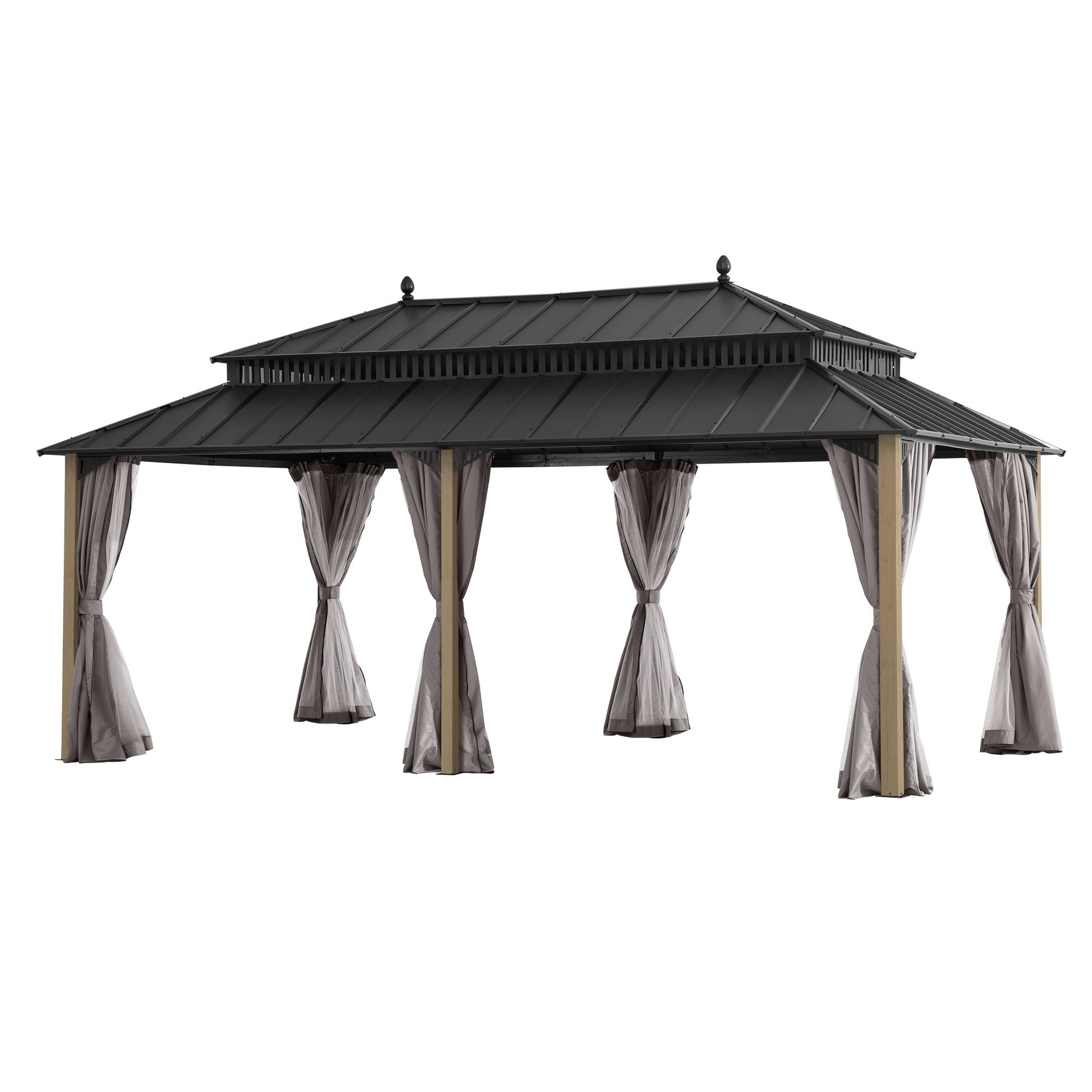 Angle. SUNJOY - SUNJOY Kingston 20x12 Gazebo, Steel Hardtop Gazebo with Curtain and Netting - Cedar Posts.