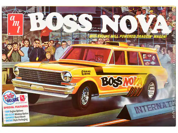 a m t
BOSS NOVA
MID-ENGINE MILL POWERED DRAGGIN' WAGON!
Retro DELUXE
SPECIAL FEATURES
- FOUR Engine Options
- RED CLEAR Window Option
- EXPANDED Decal Sheet
- VINTAGE Style Packaging
Only from the KATS x AMT!
CRANE Cams
BOSS NOVA
INTERNATIONAL
