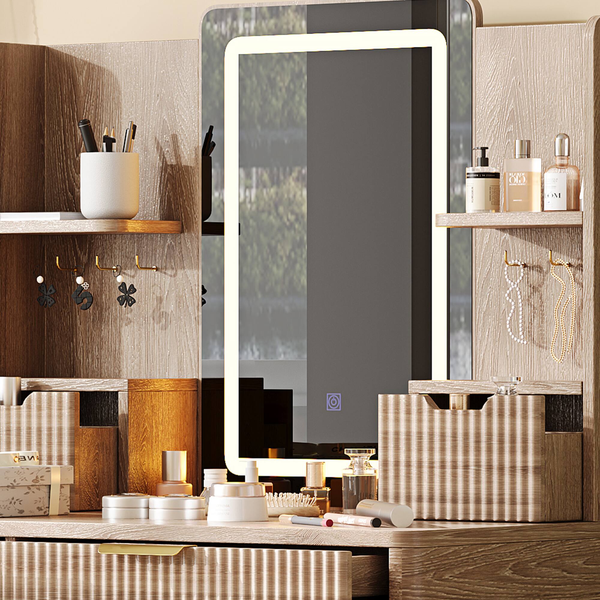 Back. GOODSILO - Elegant 7-Drawer Vanity Desk with LED Mirror and Jewelry Storage, Fluted Makeup Table and Comfortable Stool - Yellow Brown.