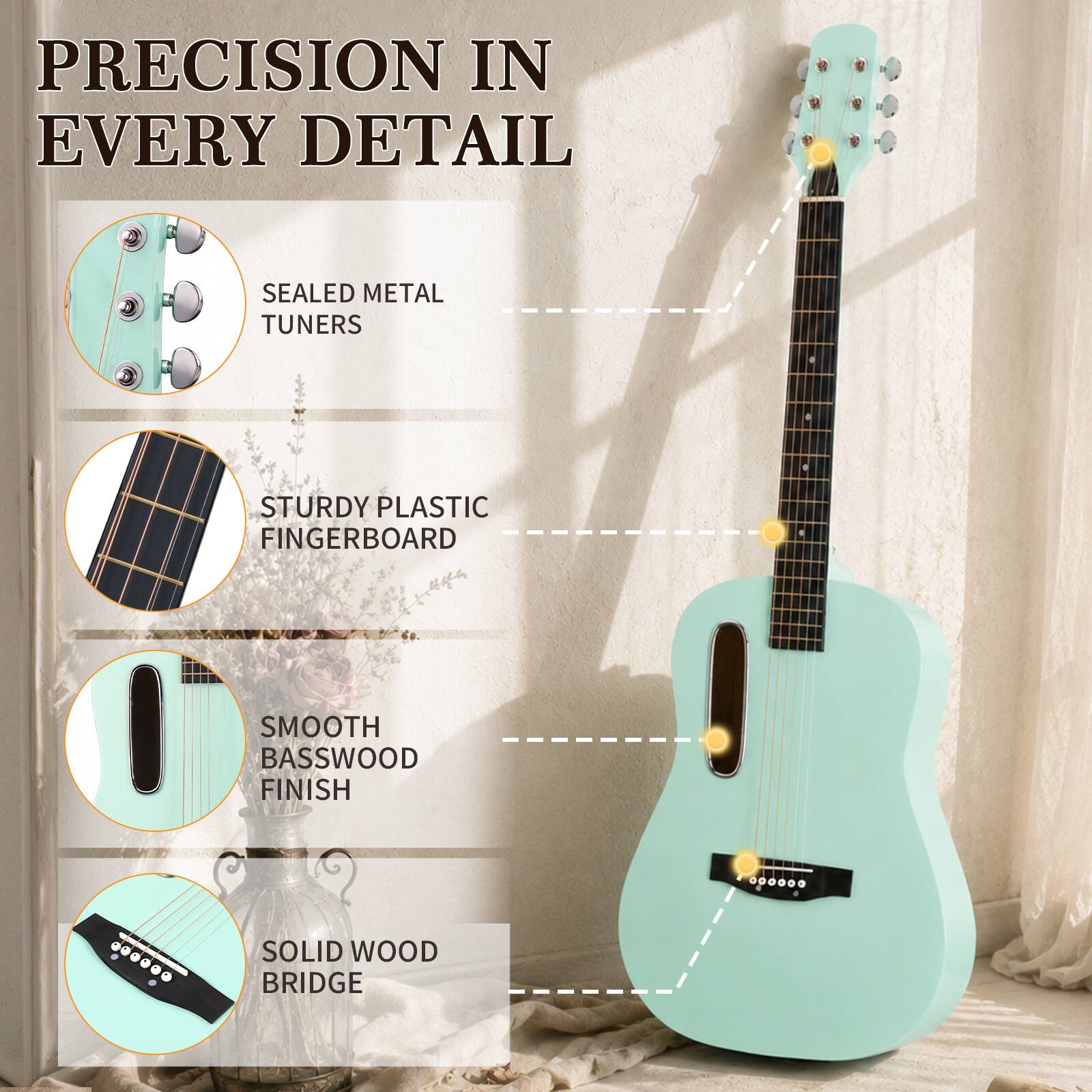 PRECISION IN EVERY DETAIL

SEALED METAL TUNERS

STURDY PLASTIC FINGERBOARD

SMOOTH BASSWOOD FINISH

SOLID WOOD BRIDGE