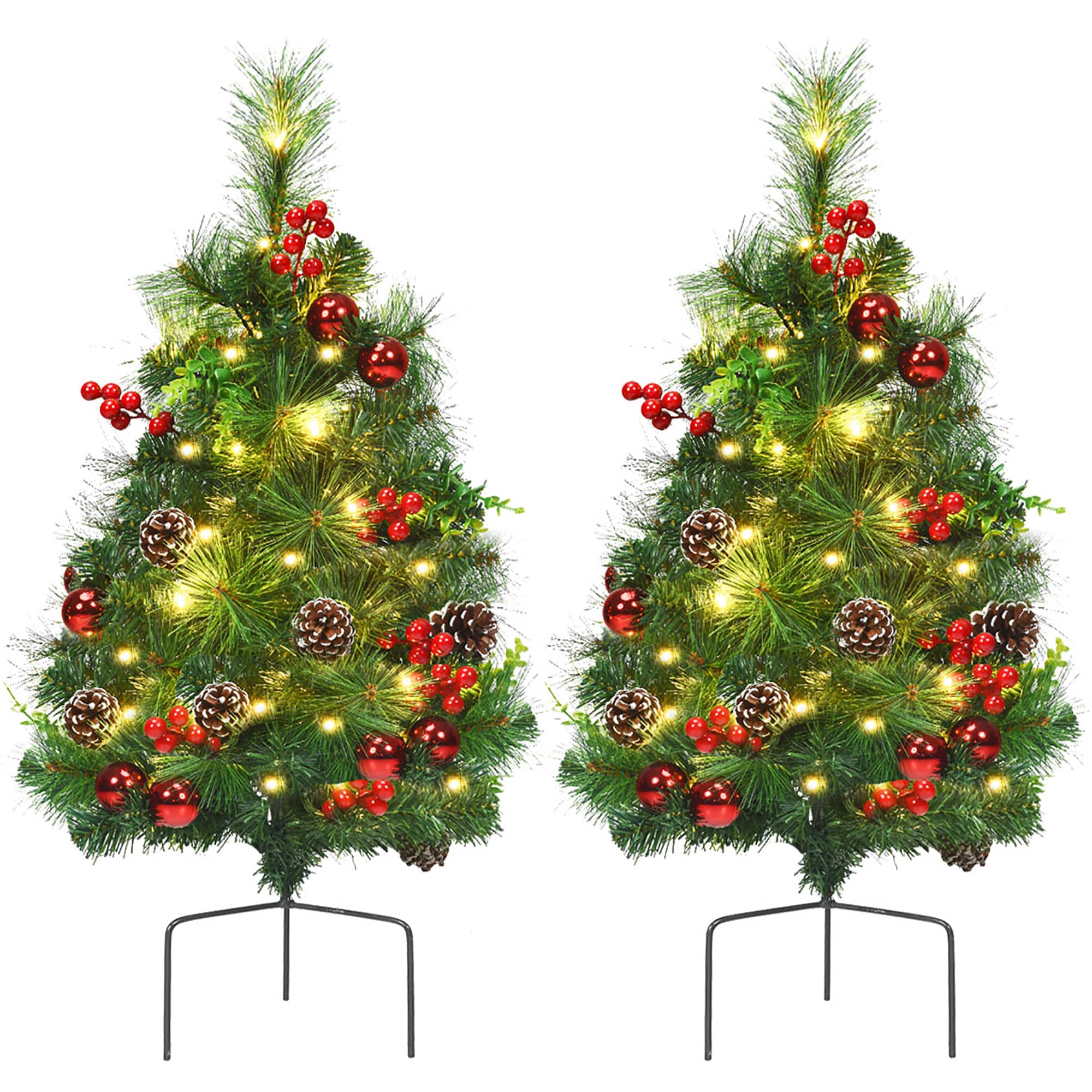 Front. Costway - Set of 2 Pre-lit Christmas Trees 24in Battery Powered Pathway Outdoor Decoration - Green.