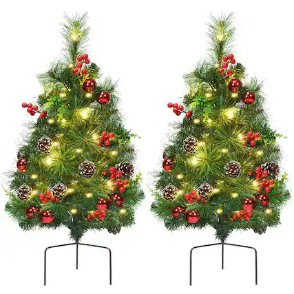 Front. Costway - Set of 2 Pre-lit Christmas Trees 24in Battery Powered Pathway Outdoor Decoration - Green.
