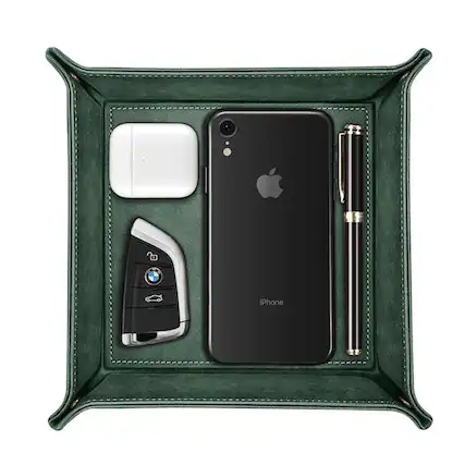 Front. Stock Preferred - Valet Tray PU Leather Desktop Storage Organizer - Dark Green.