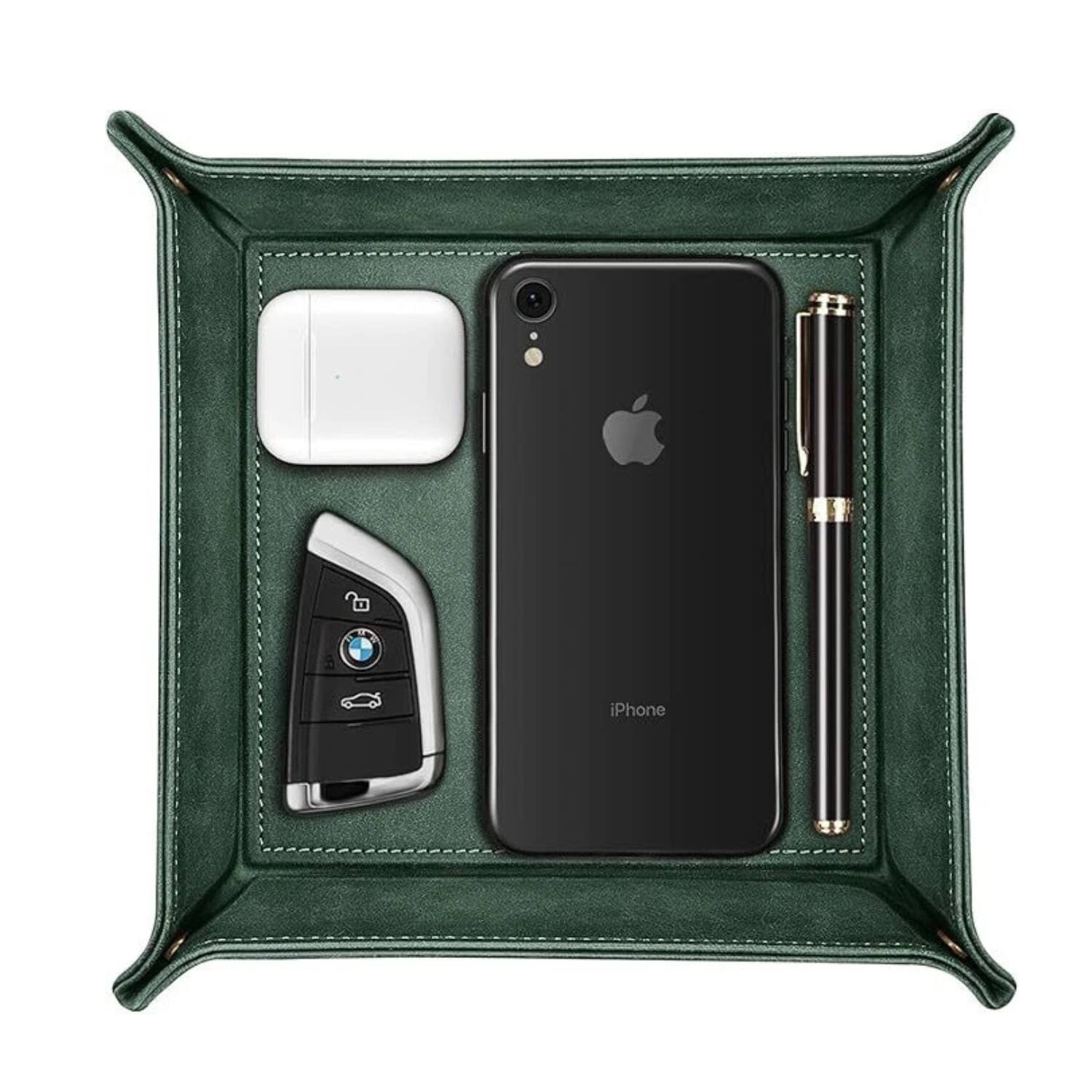Front. Stock Preferred - Valet Tray PU Leather Desktop Storage Organizer - Dark Green.