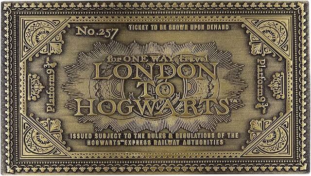 Sure, here is the corrected and grouped text from the image:
---
**Ticket to be shown upon demand**
**No. 257**
**For one way travel**
**LONDON TO HOGWARTS**
**Issued subject to the rules & regulations of the Hogwarts Express Railway Authorities**
---
**Platform 9¾**