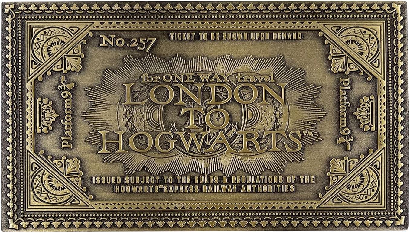 Sure, here is the corrected and grouped text from the image:

---

**Ticket to be shown upon demand**

**No. 257**

**For one way travel**

**LONDON TO HOGWARTS**

**Issued subject to the rules & regulations of the Hogwarts Express Railway Authorities**

---

**Platform 9¾**