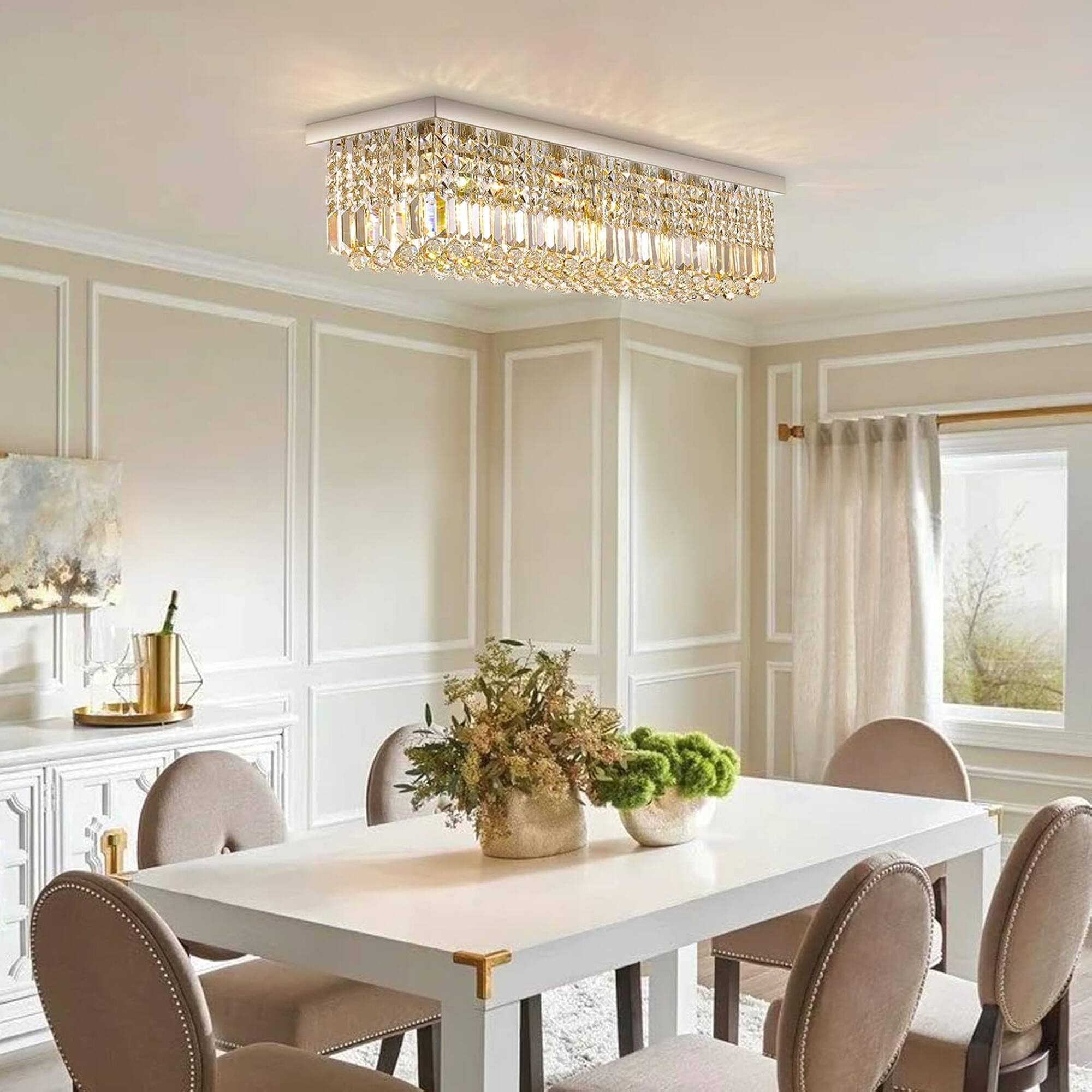 Angle. Siljoy - 31.5" 6-Light Chrome Linear Crystal Chandelier, Dimmable K9 Flush Mount Light for Dining Kitchen - Chrome.