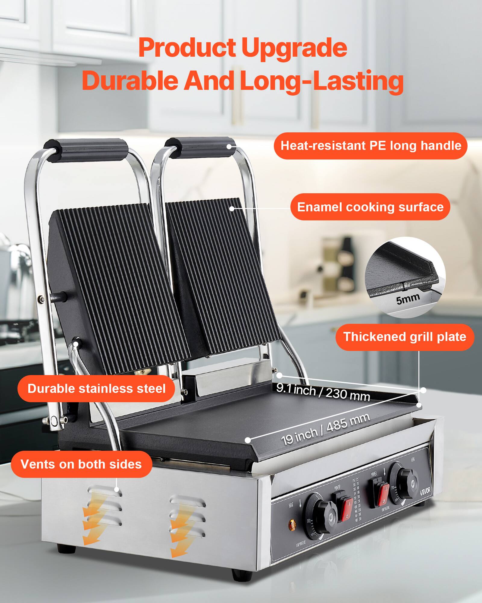 Product Upgrade  
Durable And Long-Lasting  

Heat-resistant PE long handle  
Enamel cooking surface  
5mm Thickened grill plate  
Durable stainless steel  
Vents on both sides  

9.1 inch / 230 mm  
19 inch / 485 mm  

VEVOR