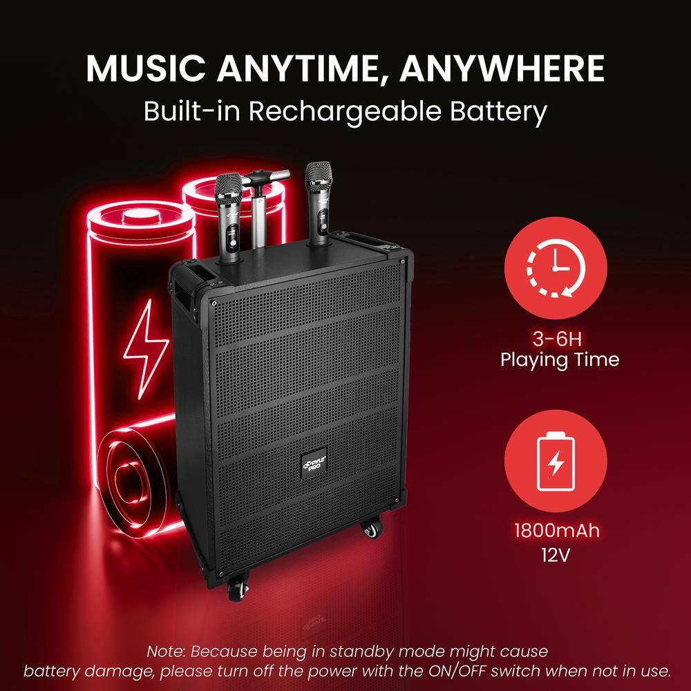 MUSIC ANYTIME, ANYWHERE  
Built-in Rechargeable Battery  

3-6H Playing Time  
1800mAh 12V  

Note: Because being in standby mode might cause battery damage, please turn off the power with the ON/OFF switch when not in use.