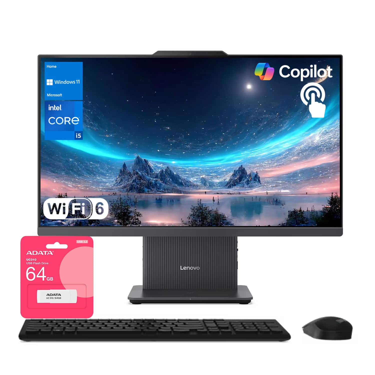 Lenovo - IdeaCentre 24" Touchscreen All-in-One - Wireless K&M - Intel Core i5 - 16GB RAM - 1TB SSD - Adata 64GB USB Drive - Black