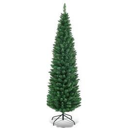 WELLFOR - 5 ft Artificial Christmas Tree, Hinged Slim Pencil Xmas Tree with Metal Stand - Green