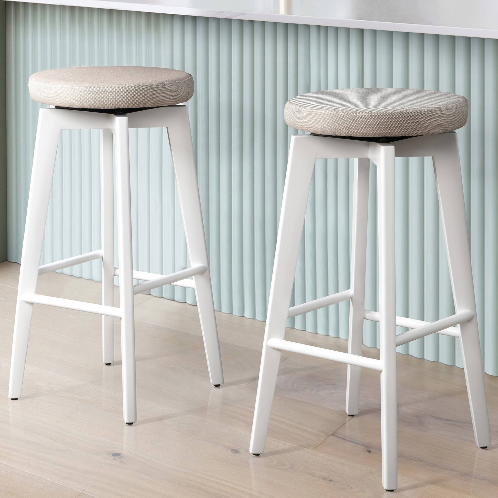 Angle. LuXeo - Serena 24" Barstool White Legs with Beige Fabric Upholstered Seat (Set of 2) - White/Beige.