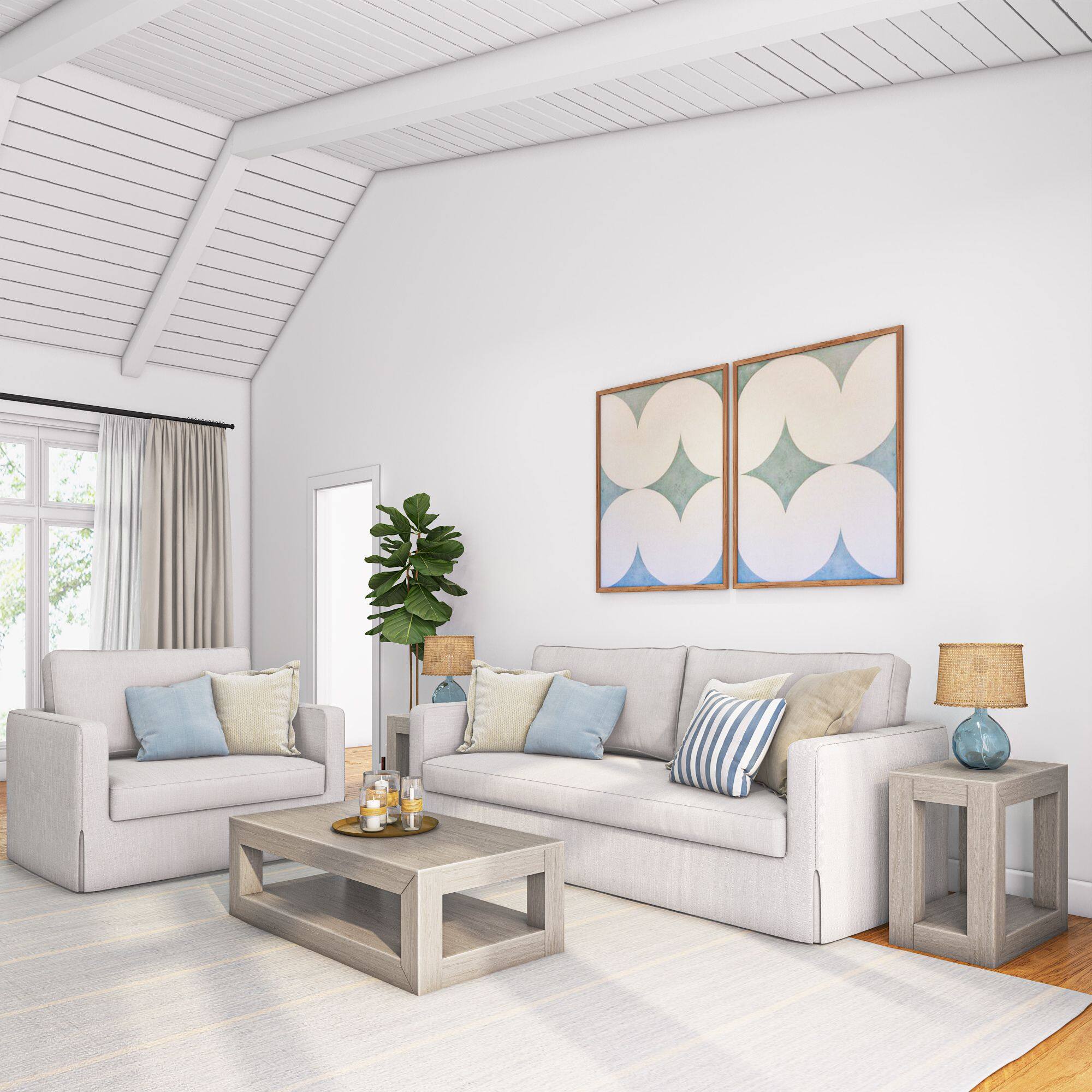 Alt View 3. Plank+Beam - Modern Rectangular Coffee Table with Bottom Shelf (48in x 24in / 1220mm x 610mm), Seashell Wirebrush - Seashell Wirebrush.