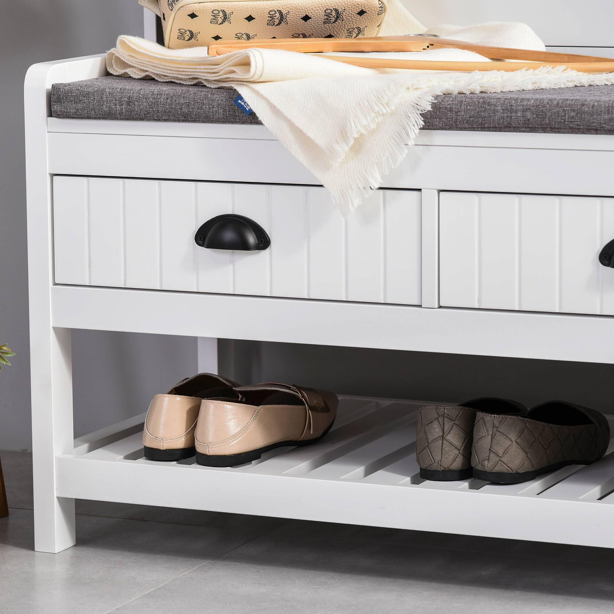 Alt View 8. Homcom - 3-in-1 Entryway Bench w/ Shoe Rack, 2 Drawers & Padded Seat - White.
