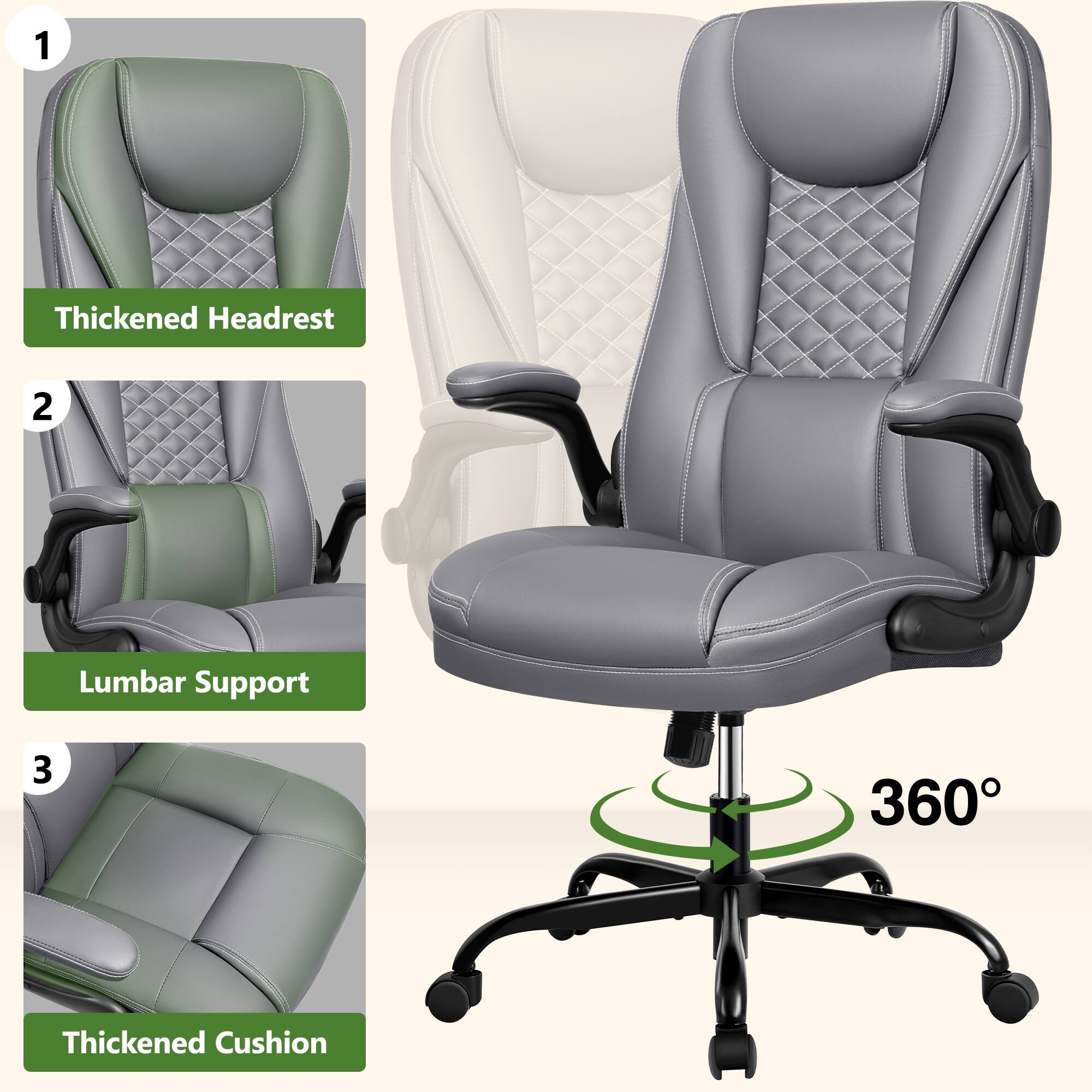 1. Thickened Headrest  
2. Lumbar Support  
3. 360° Thickened Cushion